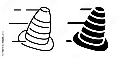 Falling traffic cone icon. Line and silhouette style.