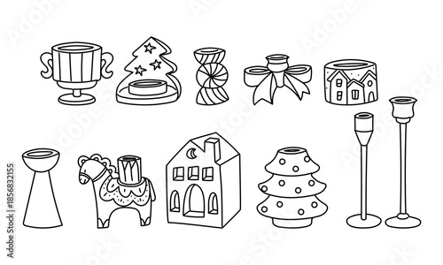 Set of black flat contour Christmas candlesticks and decorative elements like house and horse. Winter holiday collection for coloring pages, festive greeting cards, or seasonal graphic design