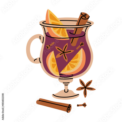 Flat contour glass of mulled wine with orange slices and aromatic spices. A colored glass. Traditional winter cocktail for cafe menus, Christmas greeting cards, or holiday graphic design