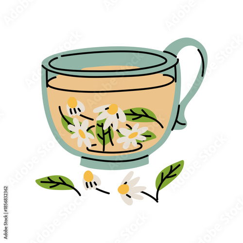 Flat contour cup of herbal chamomile tea with delicate flowers. A colored glass. Calm winter beverage for wellness cafe menus, holiday greeting cards, or seasonal graphic design materials