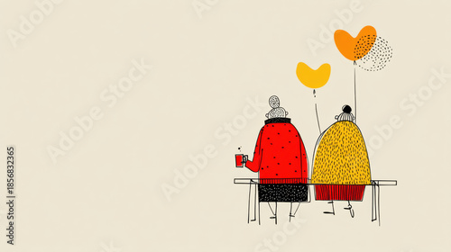 Minimal continuous line illustration of two elderly friends sitting together, holding balloons, sharing joyful moment on bench