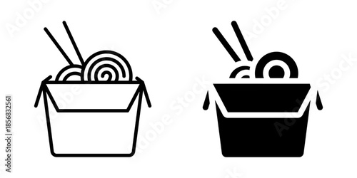 Noodle box icon with chopsticks. Line and silhouette style.