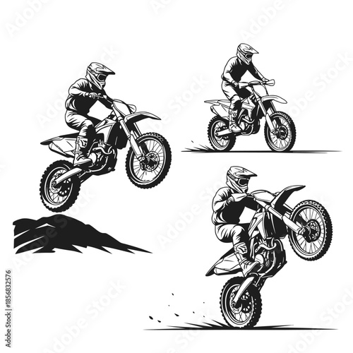 Dynamic dirt bike riders in action on rugged terrain