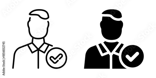 Verified user profile checkmark icon. Line and silhouette style.