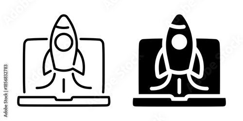 Digital startup launch rocket icon. Line and silhouette style.