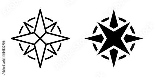 Minimalist compass rose icons: black and white directional symbols with star elements