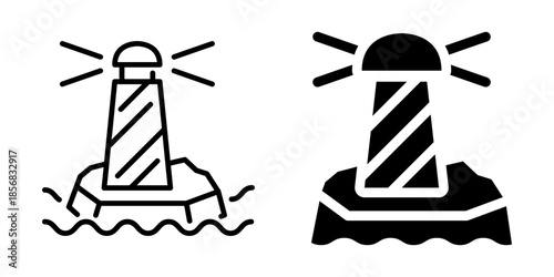 Minimalist lighthouse icons with bold and outline styles for nautical themes