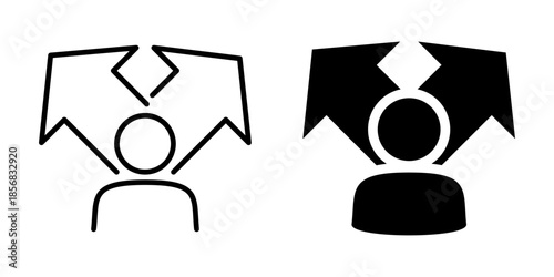 Person with diverging arrows symbolizing decision making in outline and solid styles