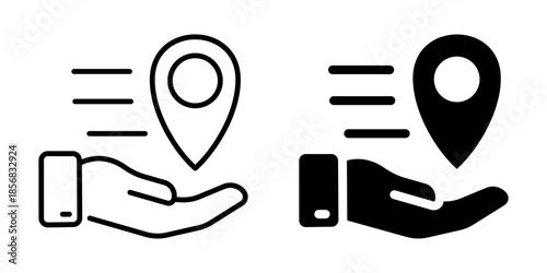 Minimalist icons of hand holding location pin in black and white variations