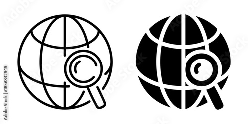 Global search icons: outline and solid globe with magnifying glass