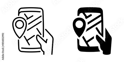 Hand holding smartphone with gps map pin in silhouette style