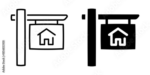 Real estate hanging sign icon in minimalist outline and solid style set