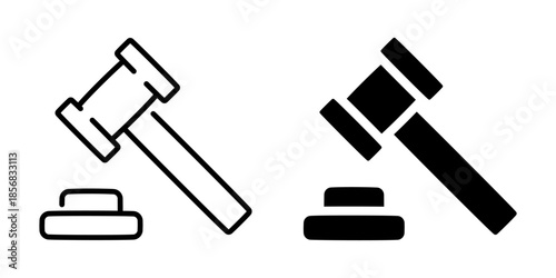 Silhouette and linear judge gavel icons for legal and judicial themes