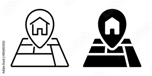 Map pin with house icon on location marker design in linear and outline style