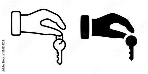 Hand holding key silhouette and outline icons for security and real estate