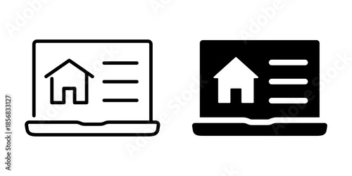 Outline style laptop and tablet displaying real estate website icons