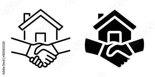 Home partnership icon: linear and solid handshake house symbol design