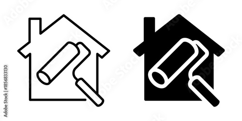 Home painting icons: black and white line art for renovation and maintenance themes