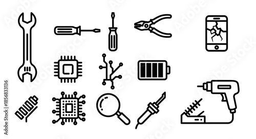 Electronics Repair Tools and Components Line Art Illustration.