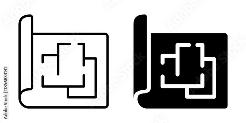 Blueprint and digital chip icon design on scroll and digital tablet