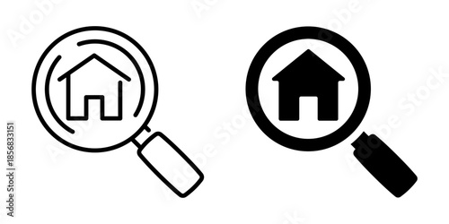 Minimalistic magnifying glass with house icon: black and white outline