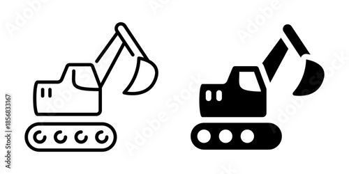 Excavator icons: minimalist black and white construction vehicle design