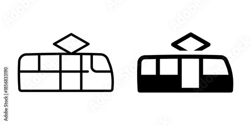 Minimalist tram icons in black and white outline and solid styles