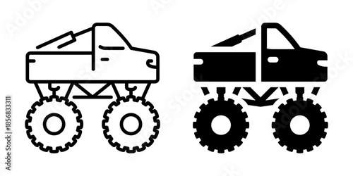Bold outline and solid monster truck designs with big wheels
