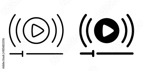 Minimalist media player icons with play button and sound waves for user interfaces