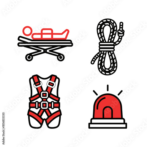 Emergency Rescue Icons - Stretcher, Rope, Harness, and Siren with Red Accents.