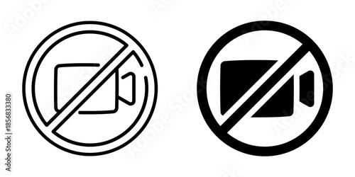 No video camera sign: black and white line and solid icon set