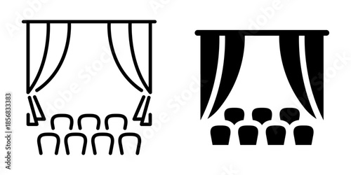 Theater stage silhouette with audience and curtains in minimalist icons