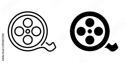 Vintage film reel icon set: minimalist line and solid style variations