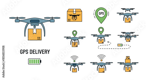 Drone Delivery Icons Set - Modern Logistics and GPS Tracking.