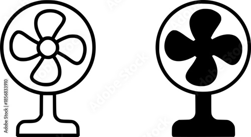 Fan illustration icon, black and white, outline and silhouette versions