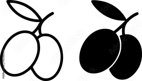 Olive fruit illustration icon, black and white, outline and silhouette versions