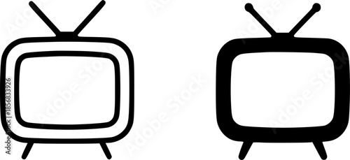 Television (TV) illustration icon, black and white, outline and silhouette versions