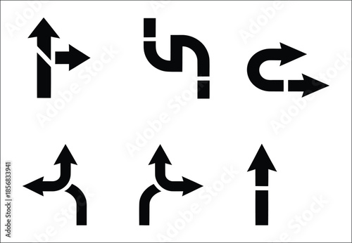Road arrows set vector isolated. Different directions black icons. Navigation way pointers