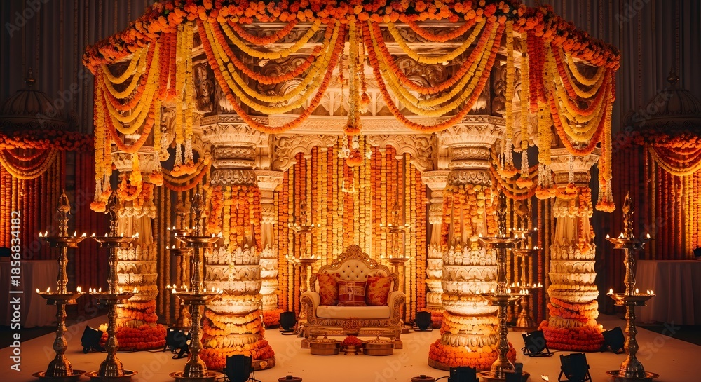 Fototapeta premium Elaborate Indian wedding mandap stage decorated with marigold ga
