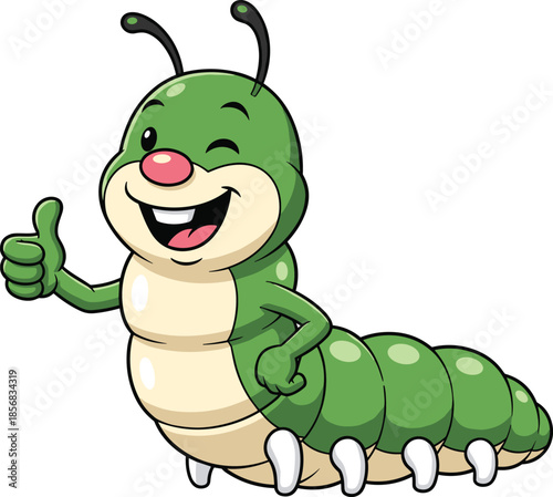 Cartoon caterpillar character winking and giving thumbs-up with cheerful smile, segmented body and antennae, vector illustration