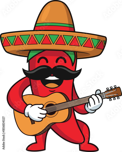 Cartoon chili pepper character with sombrero and mustache playing guitar in cheerful pose, Mexican festive mascot, vector illustration