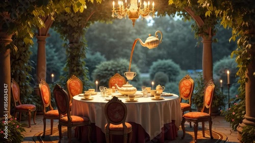 Whimsical Alice in Wonderland tea party scene. Elegant vintage tea party setup with ornate golden teapot, fine china, antique chairs with red upholstery, candlelight, lush garden background, romantic 