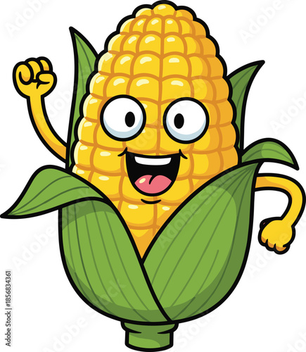 Cartoon corn character with smiling face, expressive eyes, clenched fists, and green husk arms, vector illustration