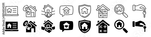 Real estate icons set: home, loan, and investment symbols in linear and bold styles