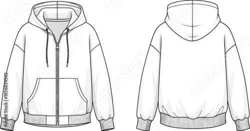 Technical flat sketch of hooded zip-up sweatshirt with kangaroo pocket, drawstrings, ribbed cuffs and waistband, front and back views