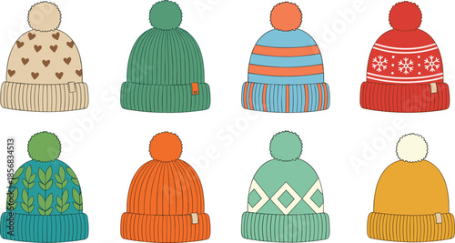 Vector set of eight colorful winter hats with pom-poms and ribbed brims in various patterns and styles