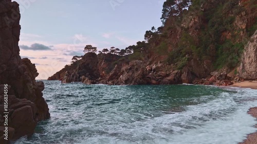 Morning at the coastline of the sea (sunrise at Costa Brava, Spain, Catalunya, El Golfet)