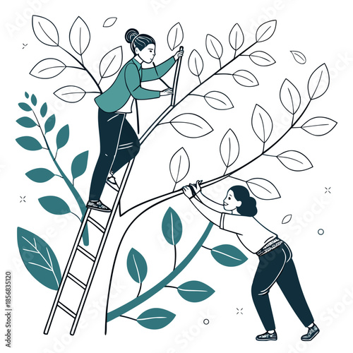 A woman climbs a ladder to prune branches while another supports the tree illustrating growth and collaborative effort