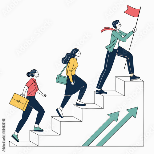 Three women confidently ascending a staircase with one waving a red flag symbolizing progress and leadership ambitions