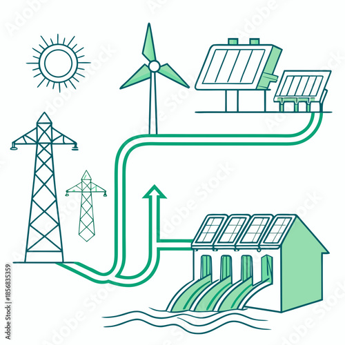Illustrating sustainable energy sources wind solar hydro and power transmission showcasing a clean energy ecosystem high quality
